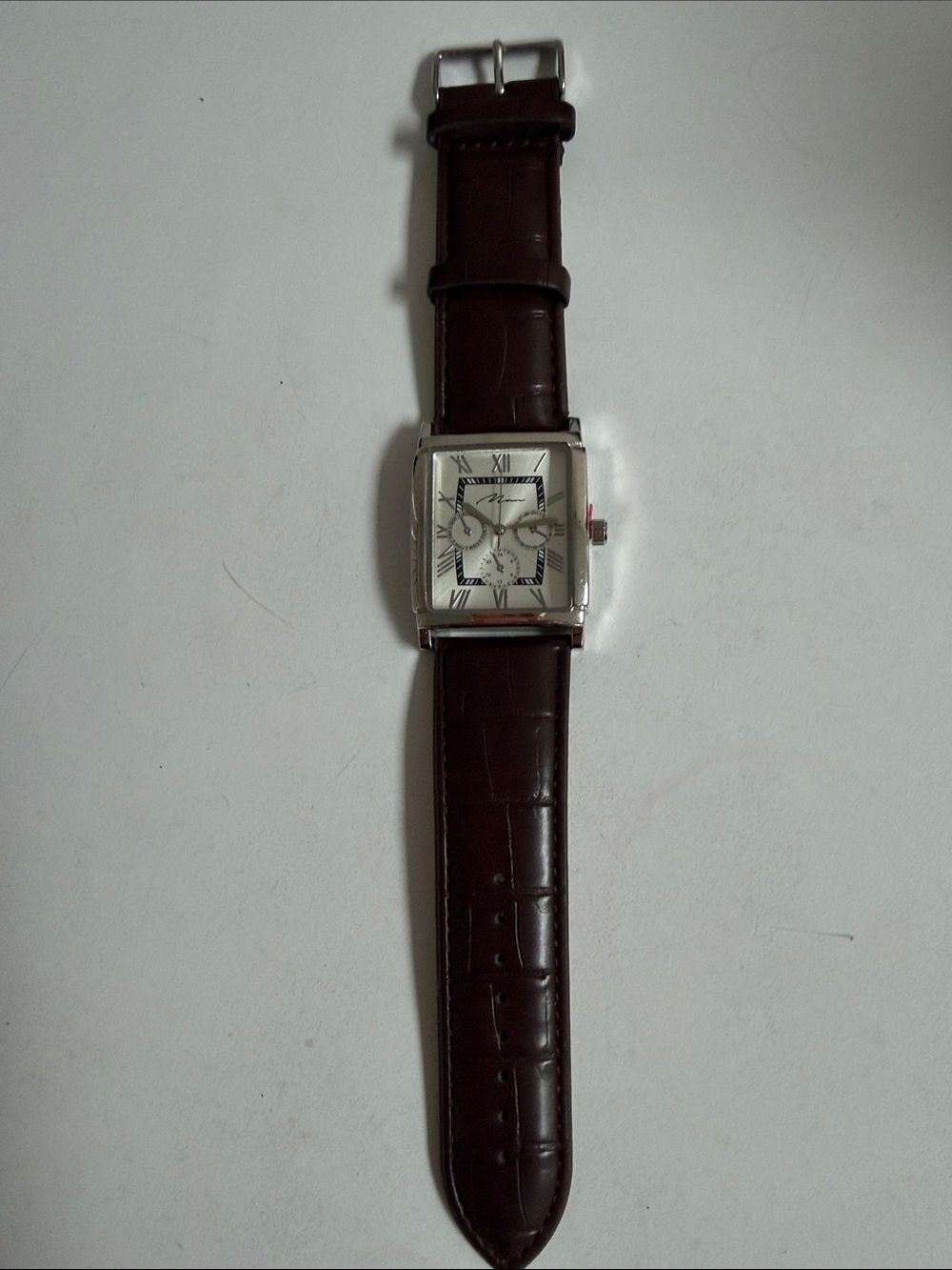 Source Unknown Silver Square Case Watch with Dark Brown Leather Strap